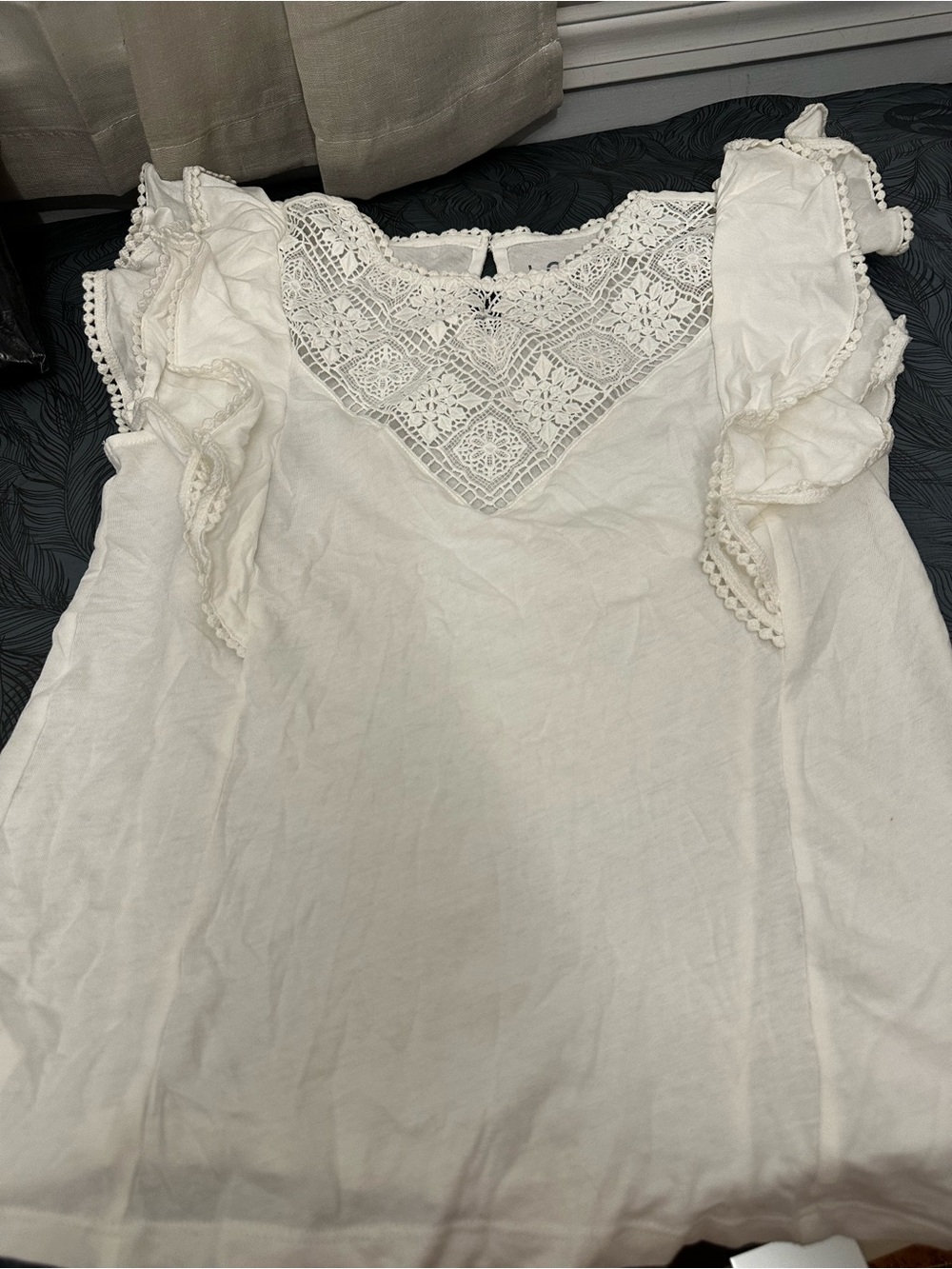 LOFT Cream Lace Yoke Ruffle Sleeve Blouse